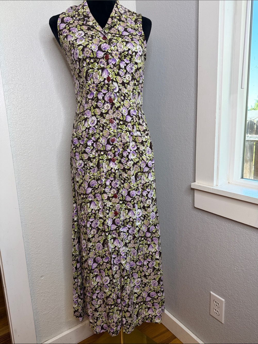 R-Wear Vintage Floral Button Front Maxi Dress Medium Purple Cottagecore Rayon